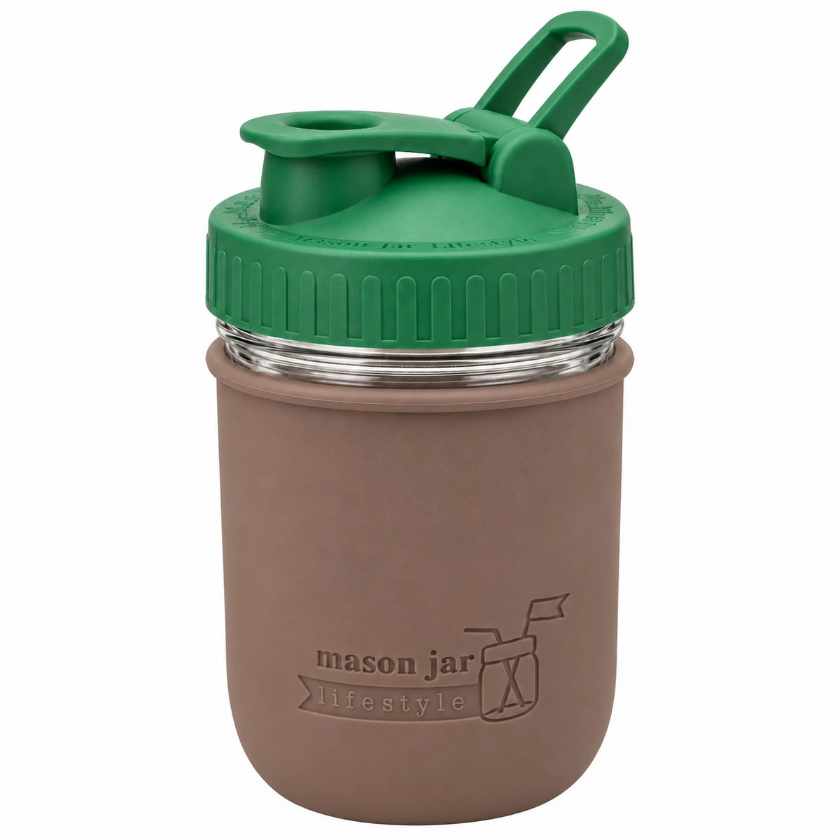 16oz Ball wide mouth mason jar sports bottle with Cocoa Brown silicone sleeve and Leaf Green carry loop lid