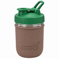 16oz Ball wide mouth mason jar sports bottle with Cocoa Brown silicone sleeve and Leaf Green carry loop lid