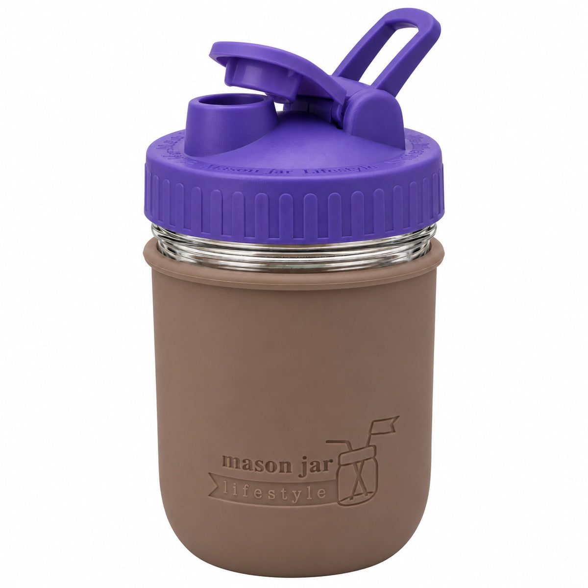 16oz Ball wide mouth mason jar sports bottle with Cocoa Brown silicone sleeve and Ultra Violet carry loop lid