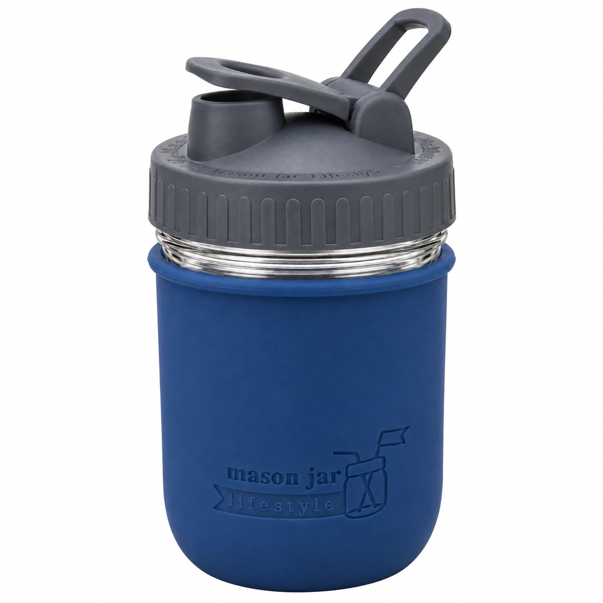 16oz Ball wide mouth mason jar sports bottle with Deep Blue silicone sleeve and Charcoal Gray carry loop lid