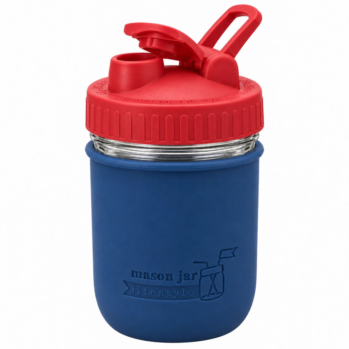 16oz Ball wide mouth mason jar sports bottle with Deep Blue silicone sleeve and Cherry Red carry loop lid