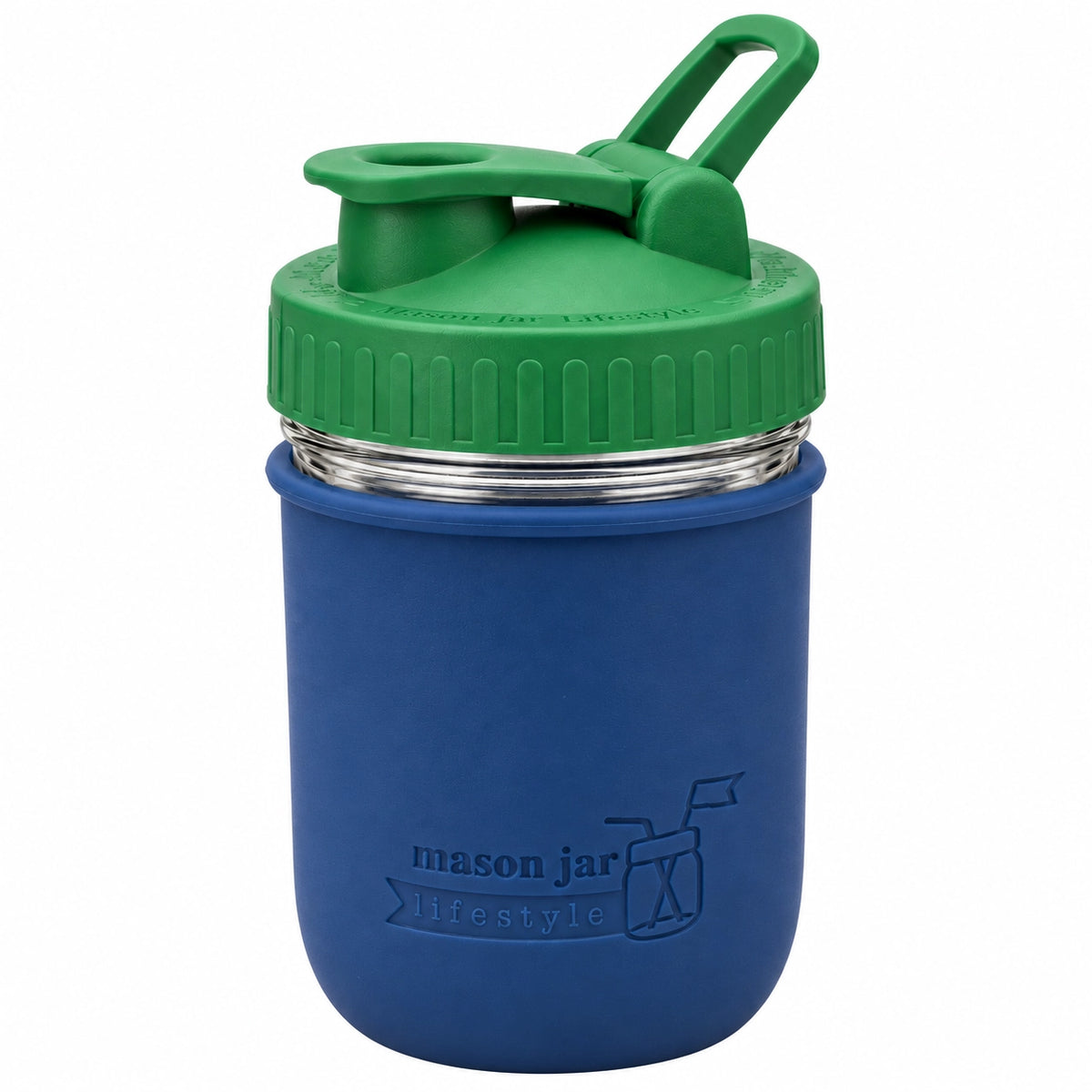 16oz Ball wide mouth mason jar sports bottle with Deep Blue silicone sleeve and Leaf Green carry loop lid