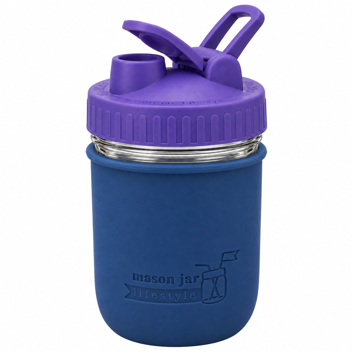16oz Ball wide mouth mason jar sports bottle with Deep Blue silicone sleeve and Ultra Violet carry loop lid