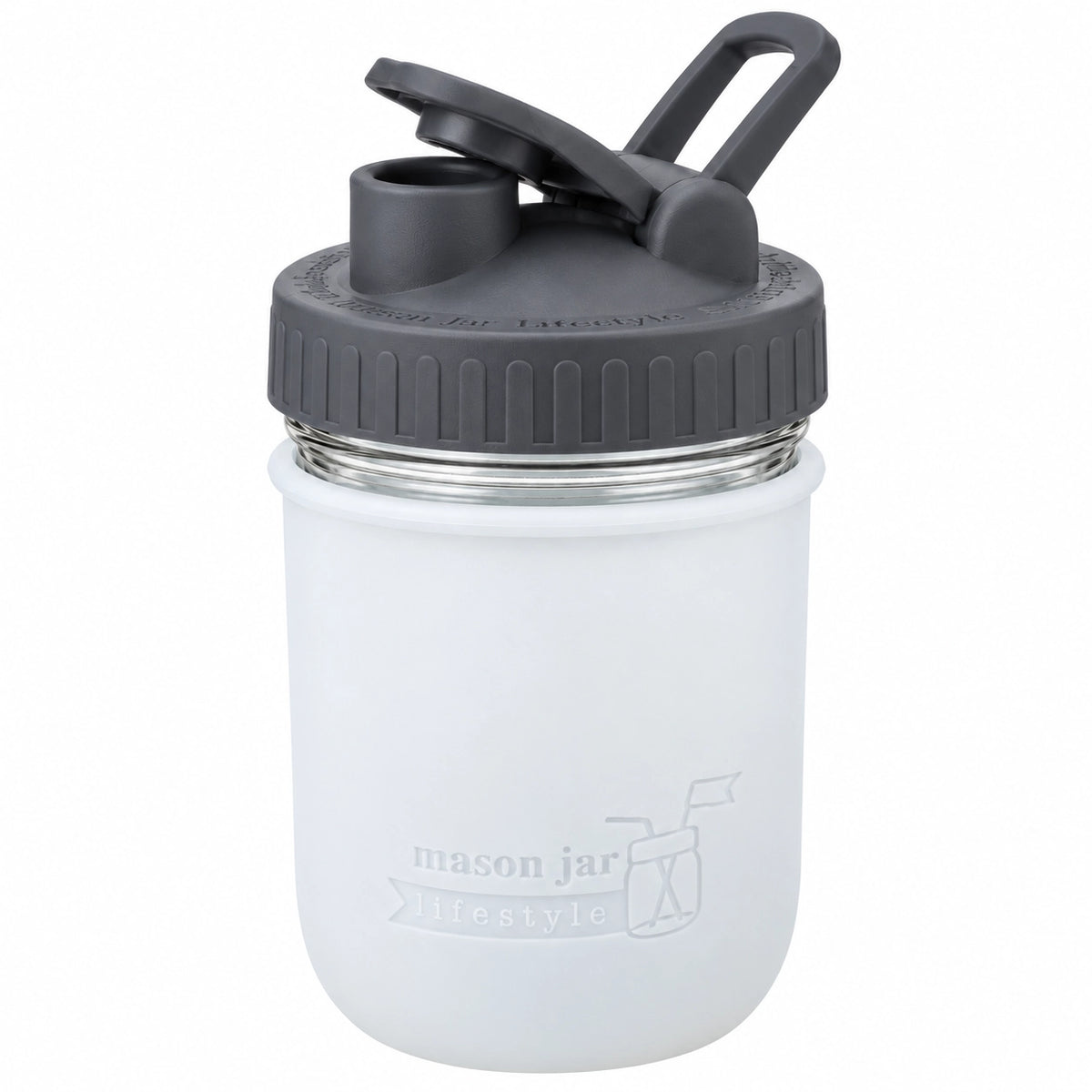16oz Ball wide mouth mason jar sports bottle with Frost silicone sleeve and Charcoal Gray carry loop lid