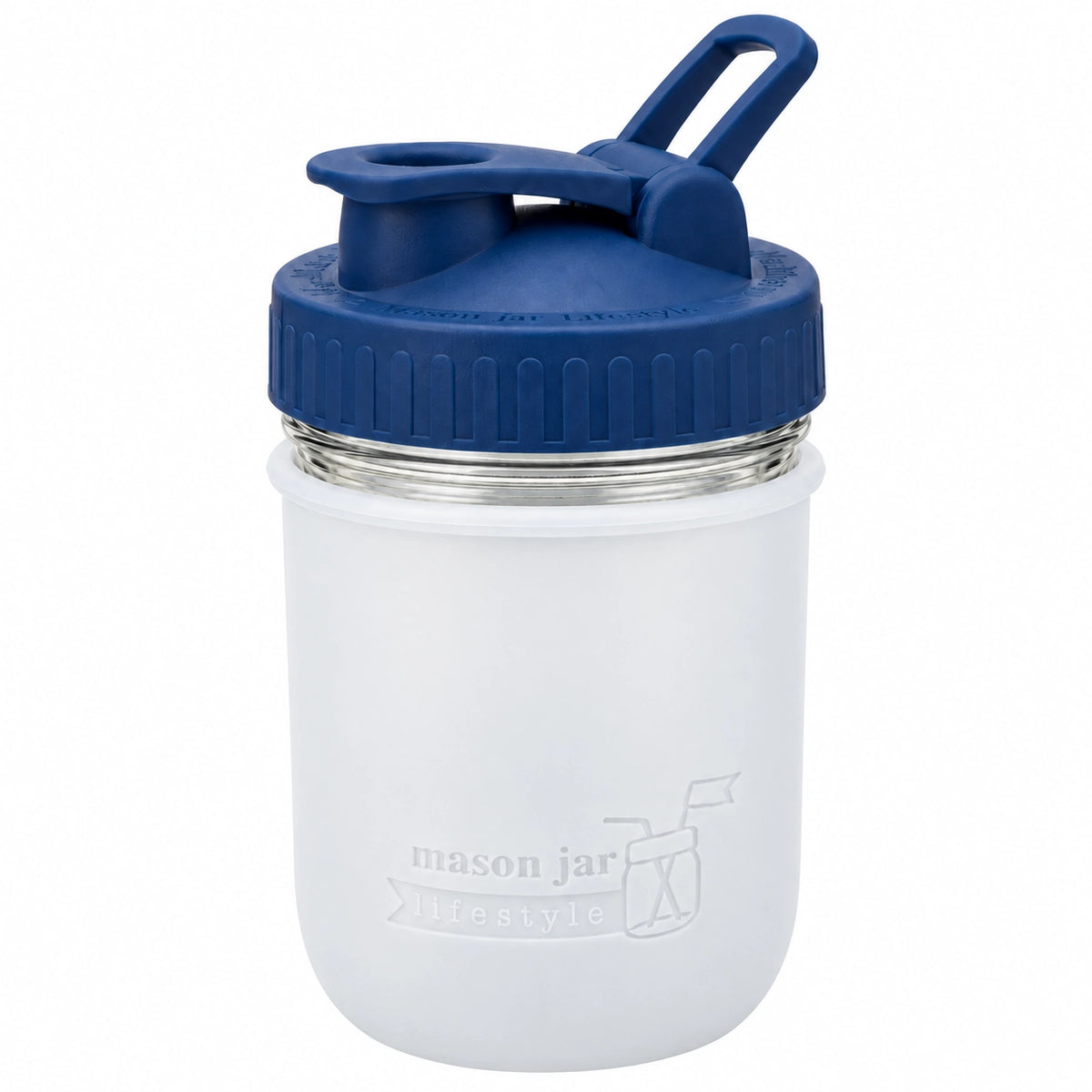 16oz Ball wide mouth mason jar sports bottle with Frost silicone sleeve and Deep Blue carry loop lid