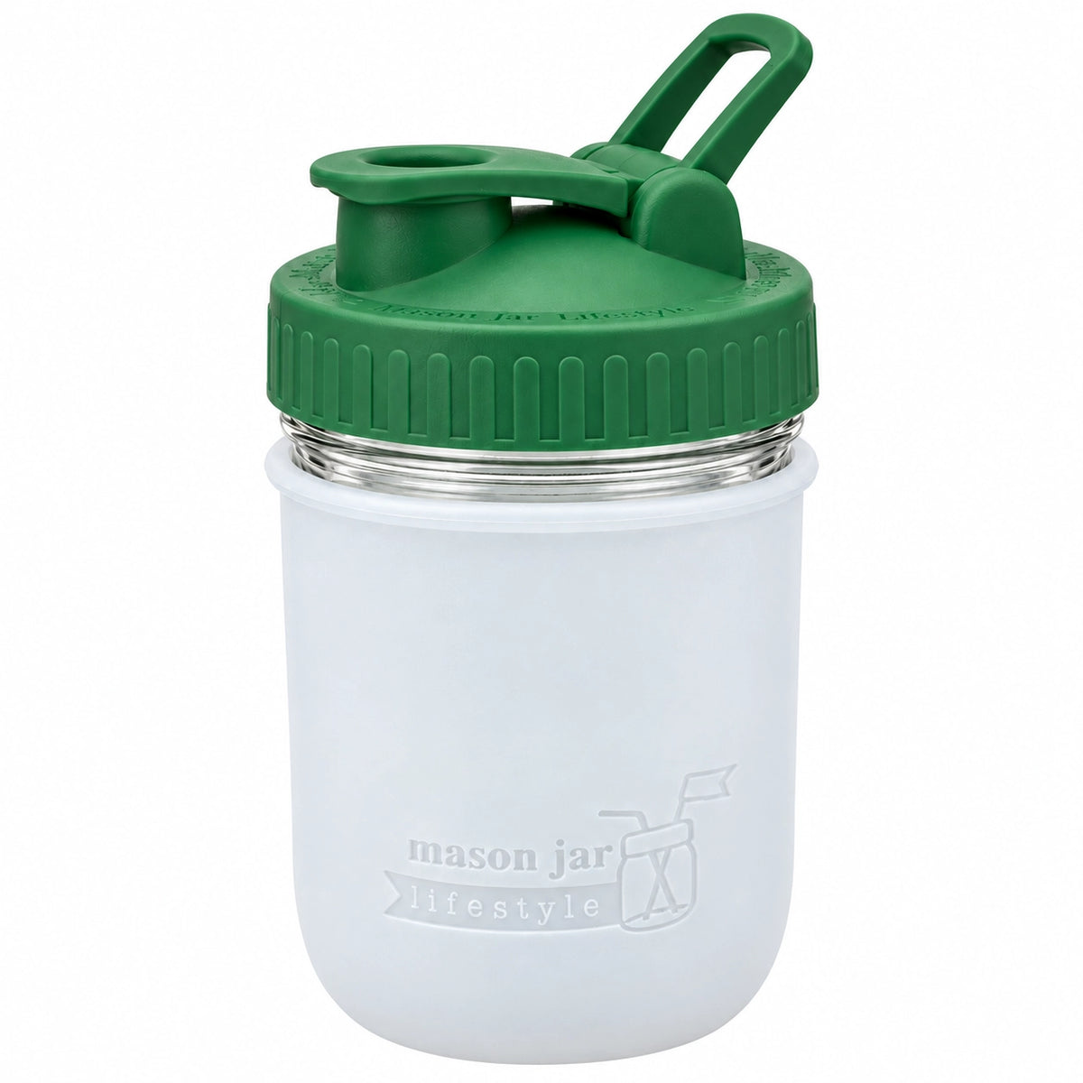 16oz Ball wide mouth mason jar sports bottle with Frost silicone sleeve and Leaf Green carry loop lid