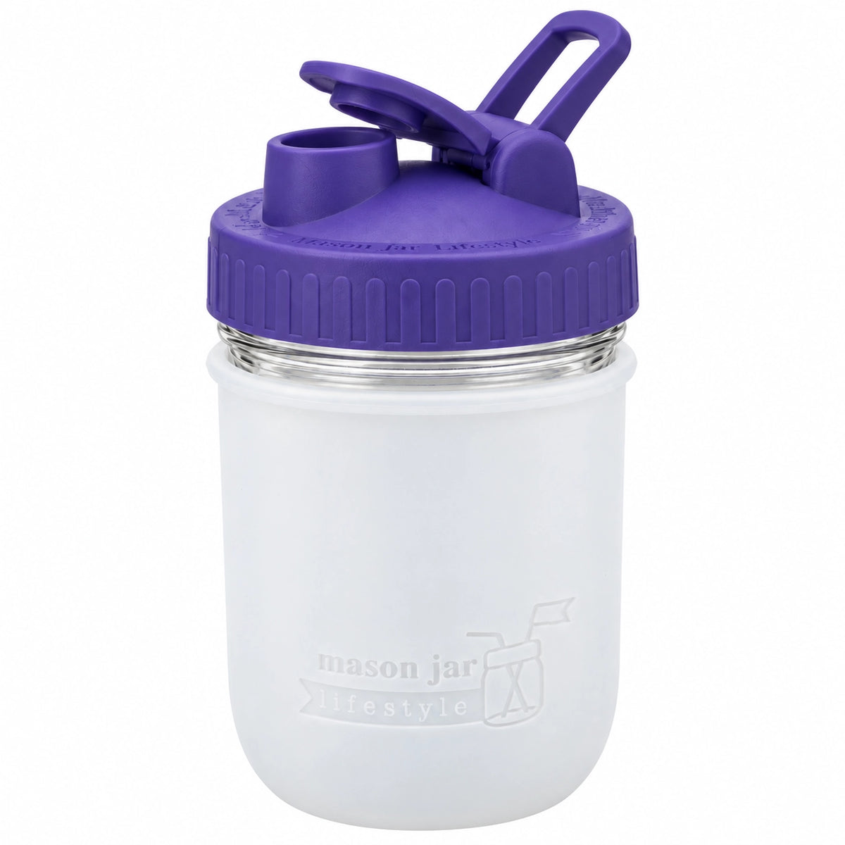 16oz Ball wide mouth mason jar sports bottle with Frost silicone sleeve and Ultra Violet carry loop lid