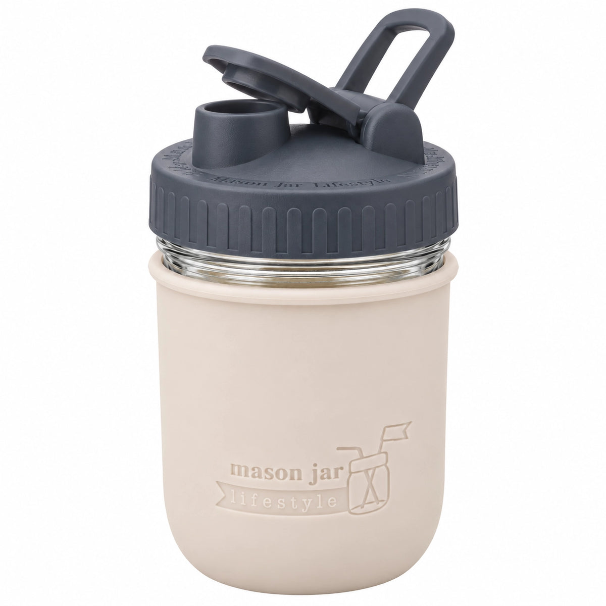16oz Ball wide mouth mason jar sports bottle with Greige silicone sleeve and Charcoal Gray carry loop lid