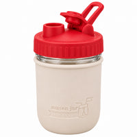 16oz Ball wide mouth mason jar sports bottle with Greige silicone sleeve and Cherry Red carry loop lid