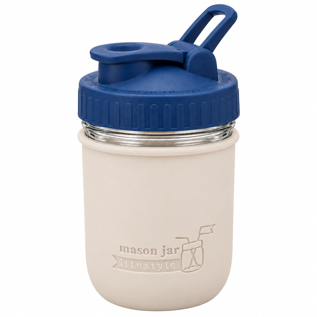 16oz Ball wide mouth mason jar sports bottle with Greige silicone sleeve and Deep Blue carry loop lid
