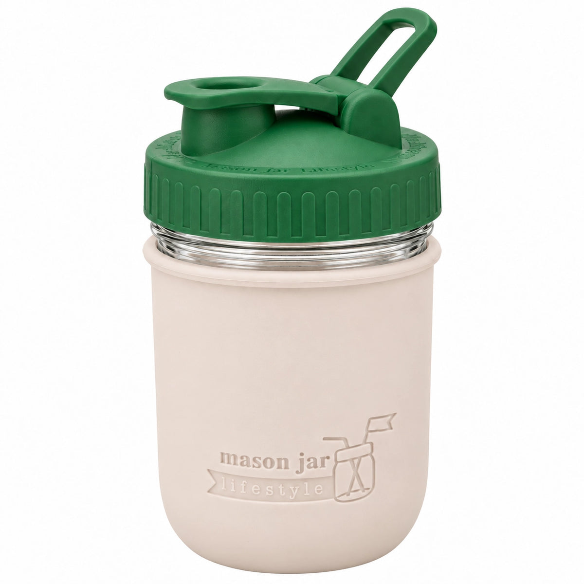 16oz Ball wide mouth mason jar sports bottle with Greige silicone sleeve and Leaf Green carry loop lid