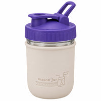 16oz Ball wide mouth mason jar sports bottle with Greige silicone sleeve and Ultra Violet carry loop lid