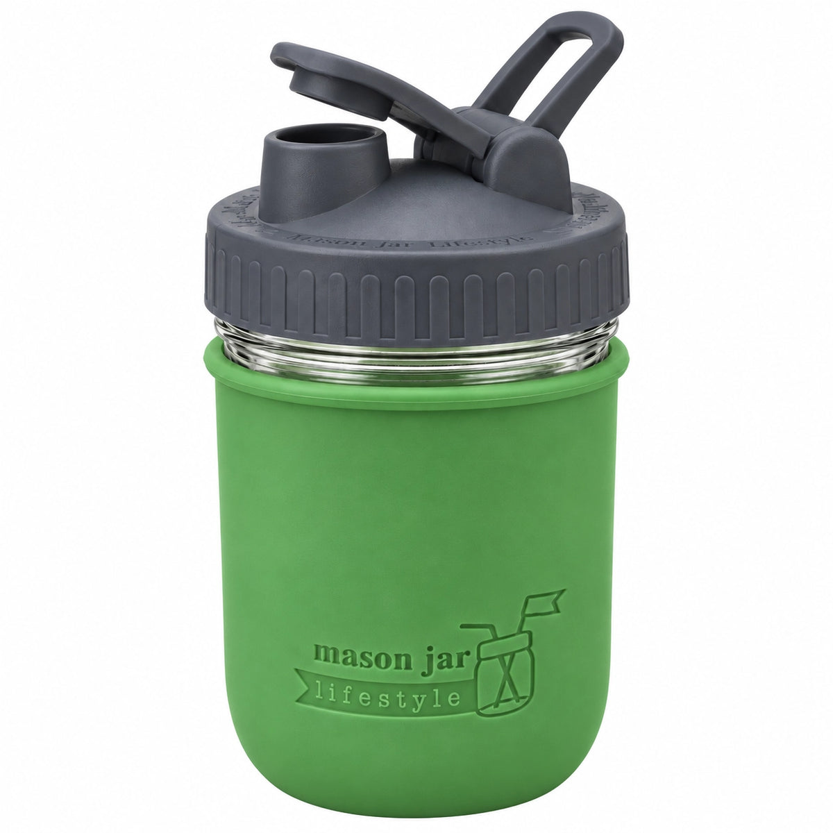 16oz Ball wide mouth mason jar sports bottle with Leaf Green silicone sleeve and Charcoal Gray carry loop lid