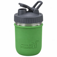 16oz Ball wide mouth mason jar sports bottle with Leaf Green silicone sleeve and Charcoal Gray carry loop lid
