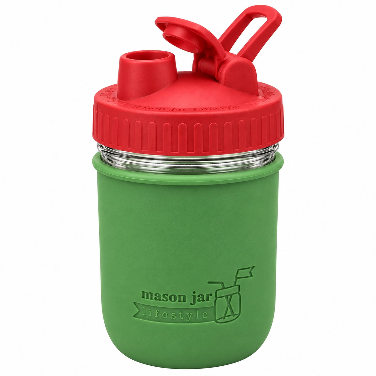 16oz Ball wide mouth mason jar sports bottle with Leaf Green silicone sleeve and Cherry Red carry loop lid