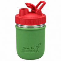 16oz Ball wide mouth mason jar sports bottle with Leaf Green silicone sleeve and Cherry Red carry loop lid