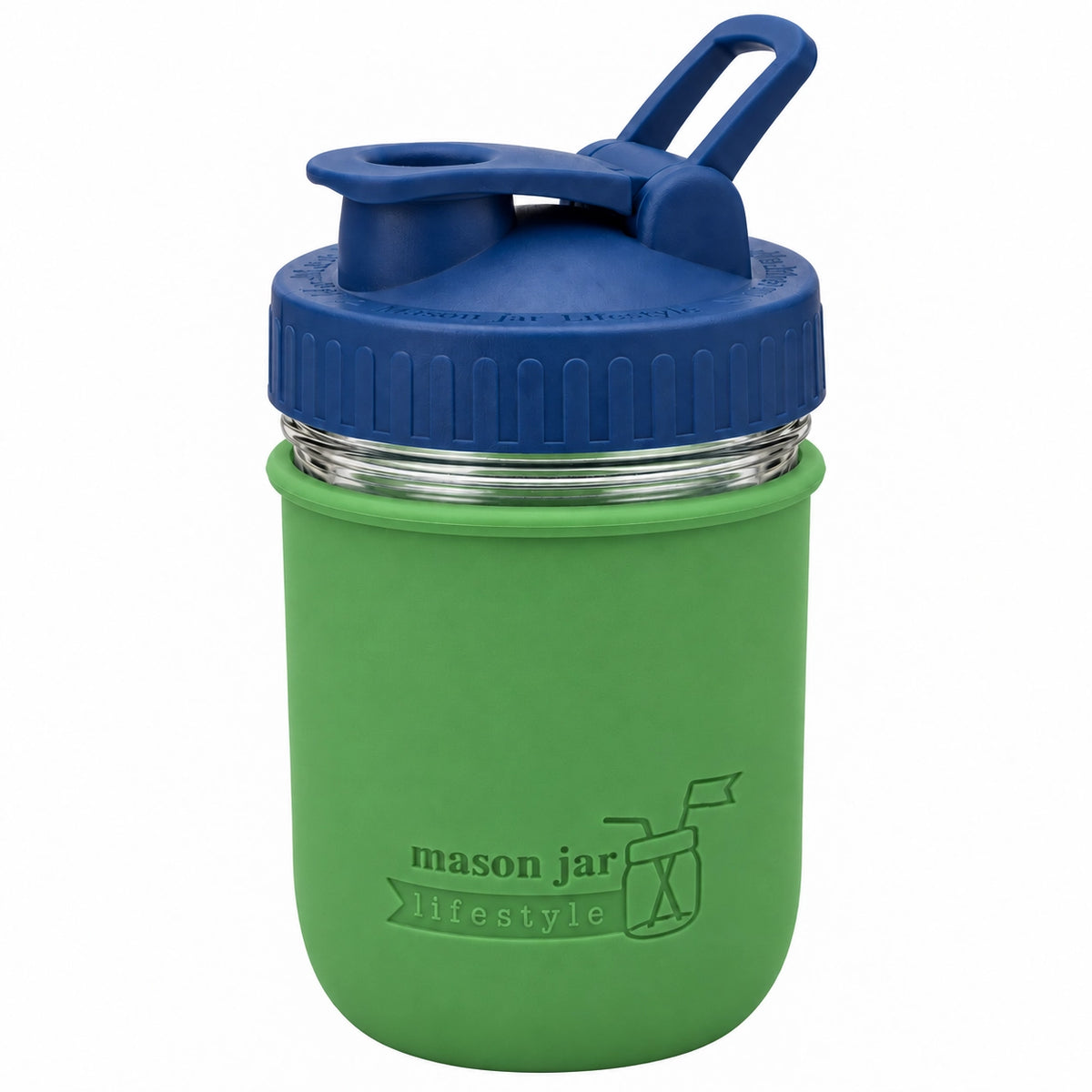 16oz Ball wide mouth mason jar sports bottle with Leaf Green silicone sleeve and Deep Blue carry loop lid