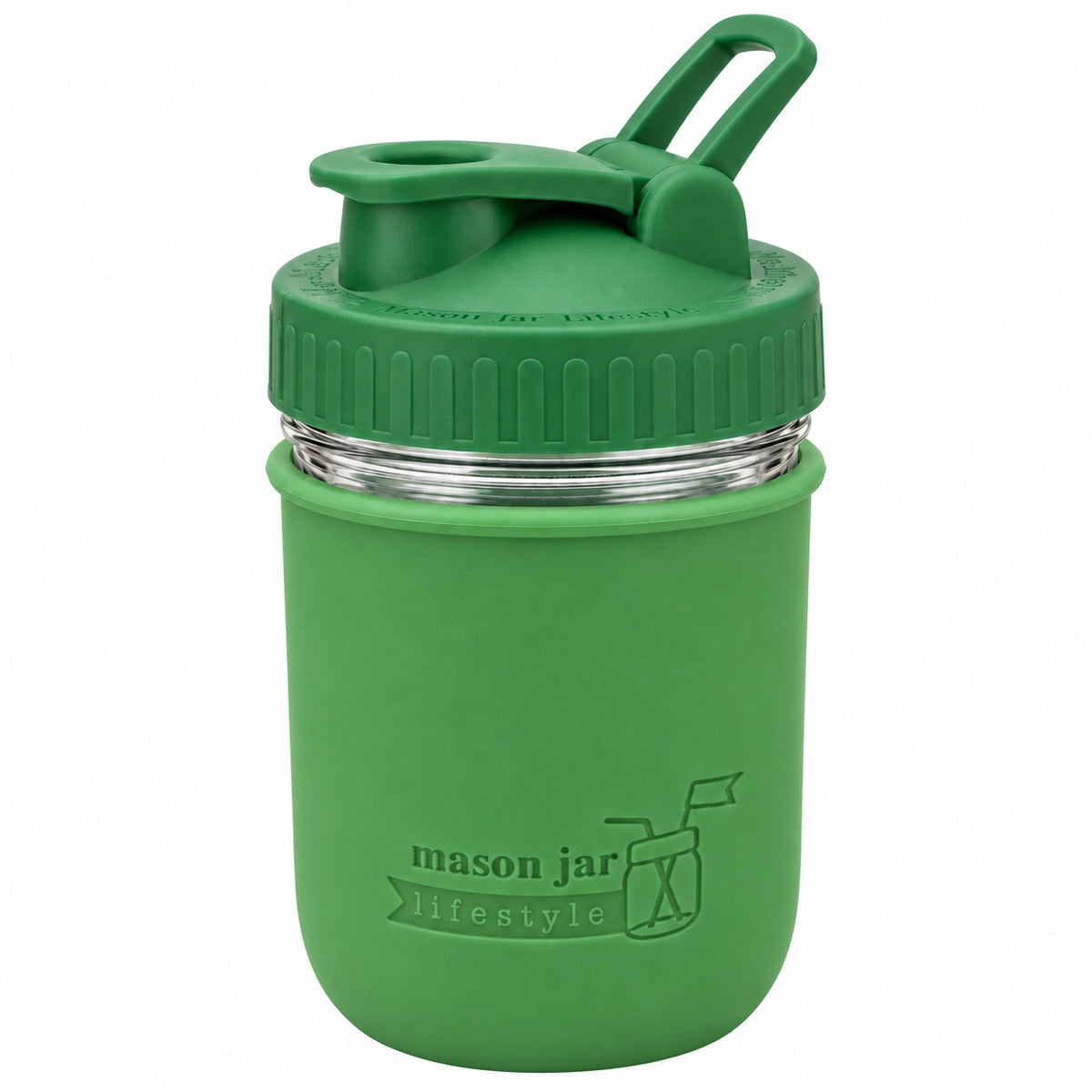 16oz Ball wide mouth mason jar sports bottle with Leaf Green silicone sleeve and Leaf Green carry loop lid