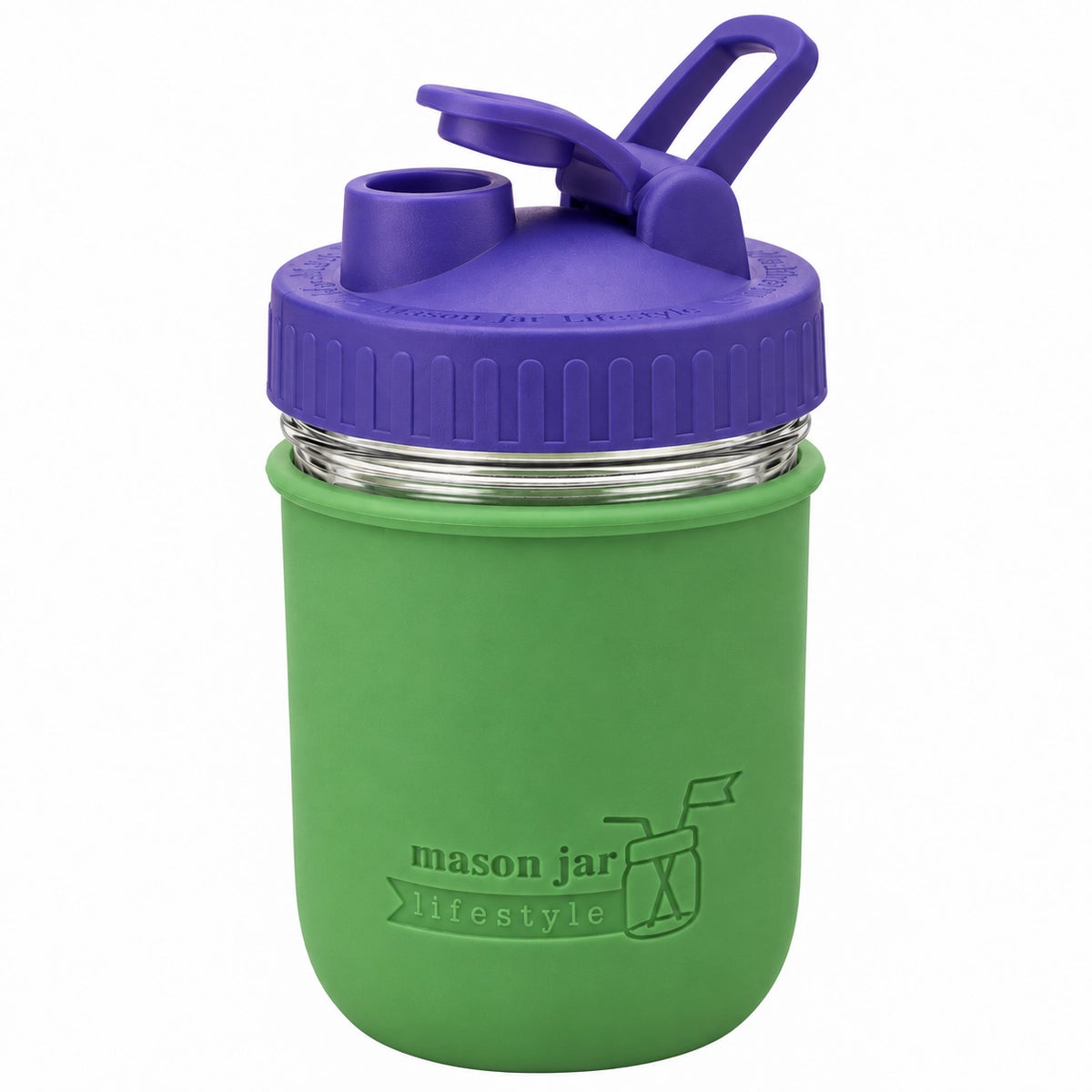 16oz Ball wide mouth mason jar sports bottle with Leaf Green silicone sleeve and Ultra Violet carry loop lid