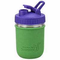 16oz Ball wide mouth mason jar sports bottle with Leaf Green silicone sleeve and Ultra Violet carry loop lid