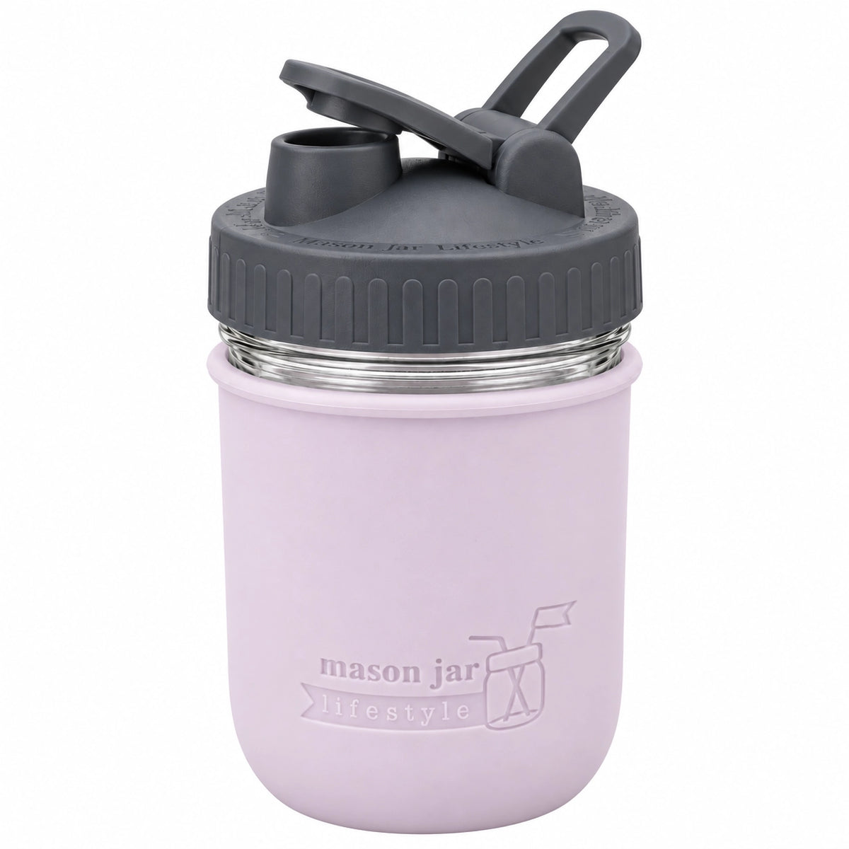 16oz Ball wide mouth mason jar sports bottle with Light Orchid silicone sleeve and Charcoal Gray carry loop lid