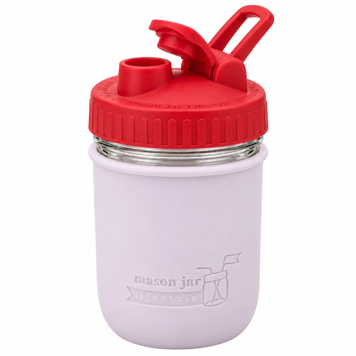 16oz Ball wide mouth mason jar sports bottle with Light Orchid silicone sleeve and Cherry Red carry loop lid