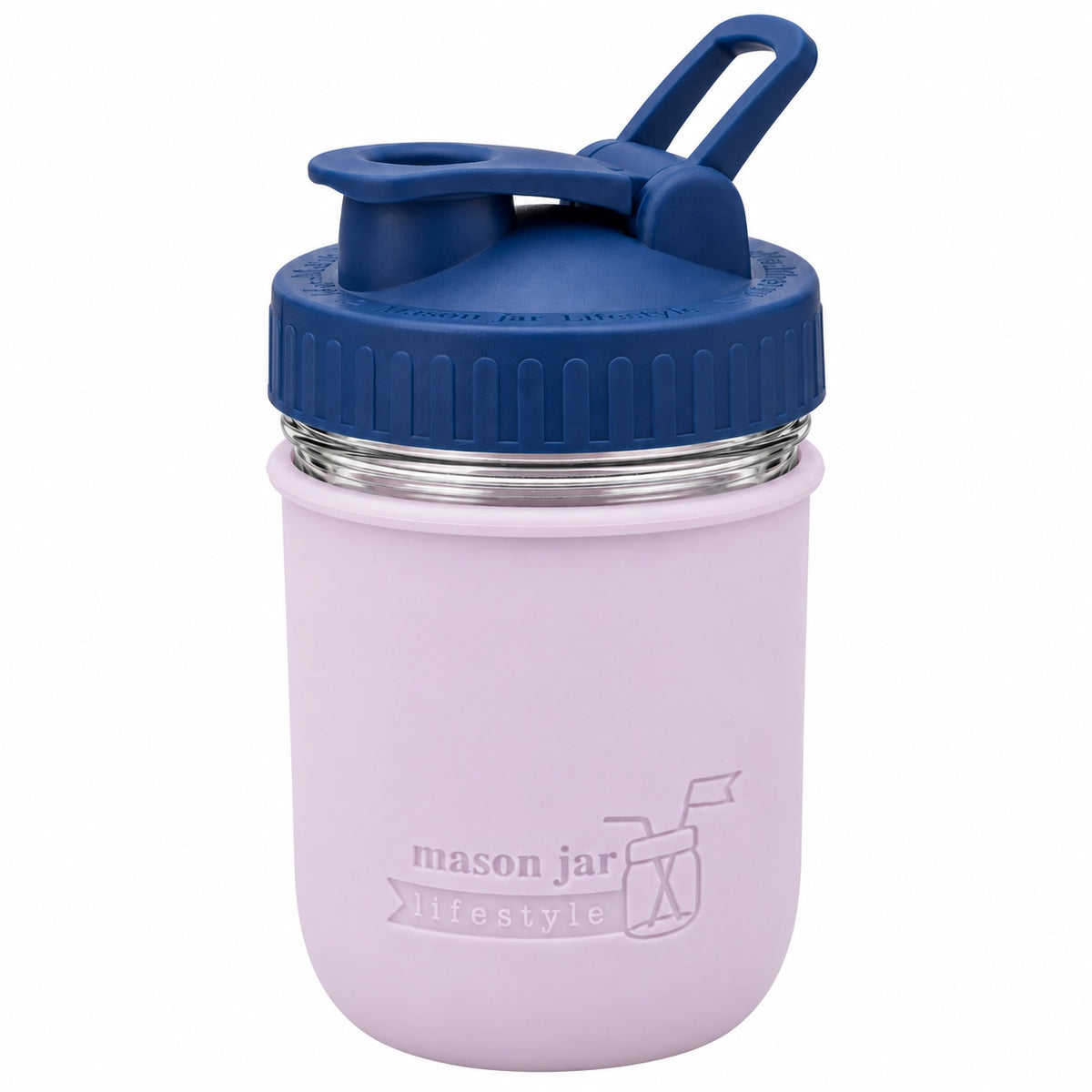 16oz Ball wide mouth mason jar sports bottle with Light Orchid silicone sleeve and Deep Blue carry loop lid