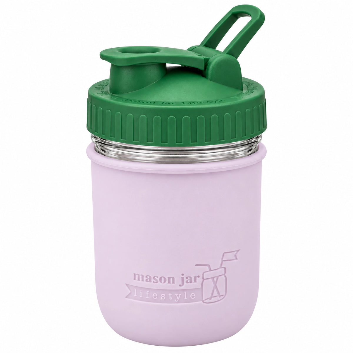 16oz Ball wide mouth mason jar sports bottle with Light Orchid silicone sleeve and Leaf Green carry loop lid