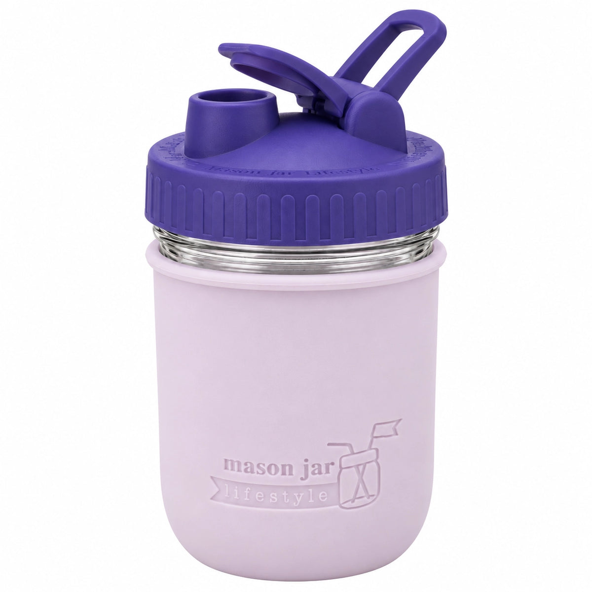 16oz Ball wide mouth mason jar sports bottle with Light Orchid silicone sleeve and Ultra Violet carry loop lid
