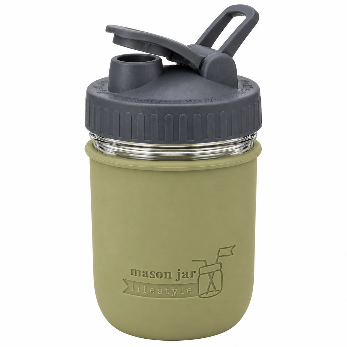 16oz Ball wide mouth mason jar sports bottle with Olive Green silicone sleeve and Charcoal Gray carry loop lid