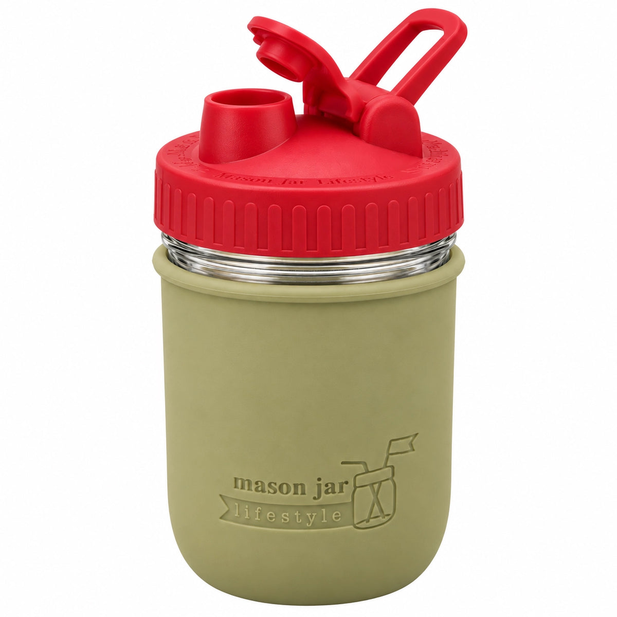 16oz Ball wide mouth mason jar sports bottle with Olive Green silicone sleeve and Cherry Red carry loop lid