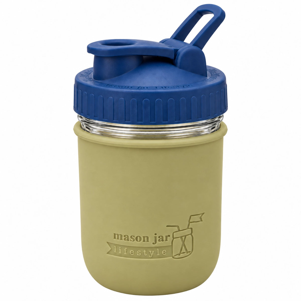 16oz Ball wide mouth mason jar sports bottle with Olive Green silicone sleeve and Deep Blue carry loop lid