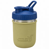 16oz Ball wide mouth mason jar sports bottle with Olive Green silicone sleeve and Deep Blue carry loop lid