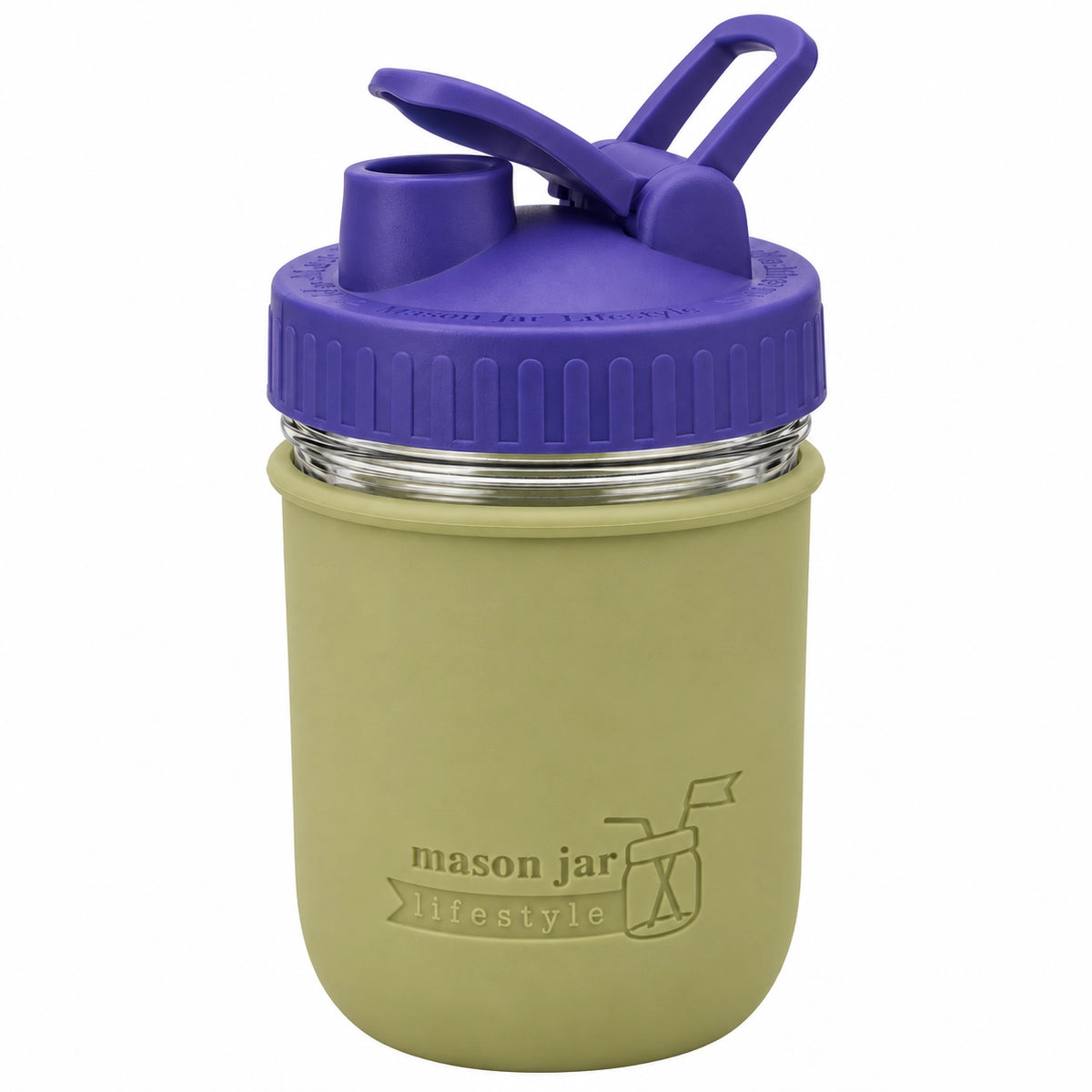 16oz Ball wide mouth mason jar sports bottle with Olive Green silicone sleeve and Ultra Violet carry loop lid