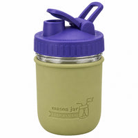 16oz Ball wide mouth mason jar sports bottle with Olive Green silicone sleeve and Ultra Violet carry loop lid