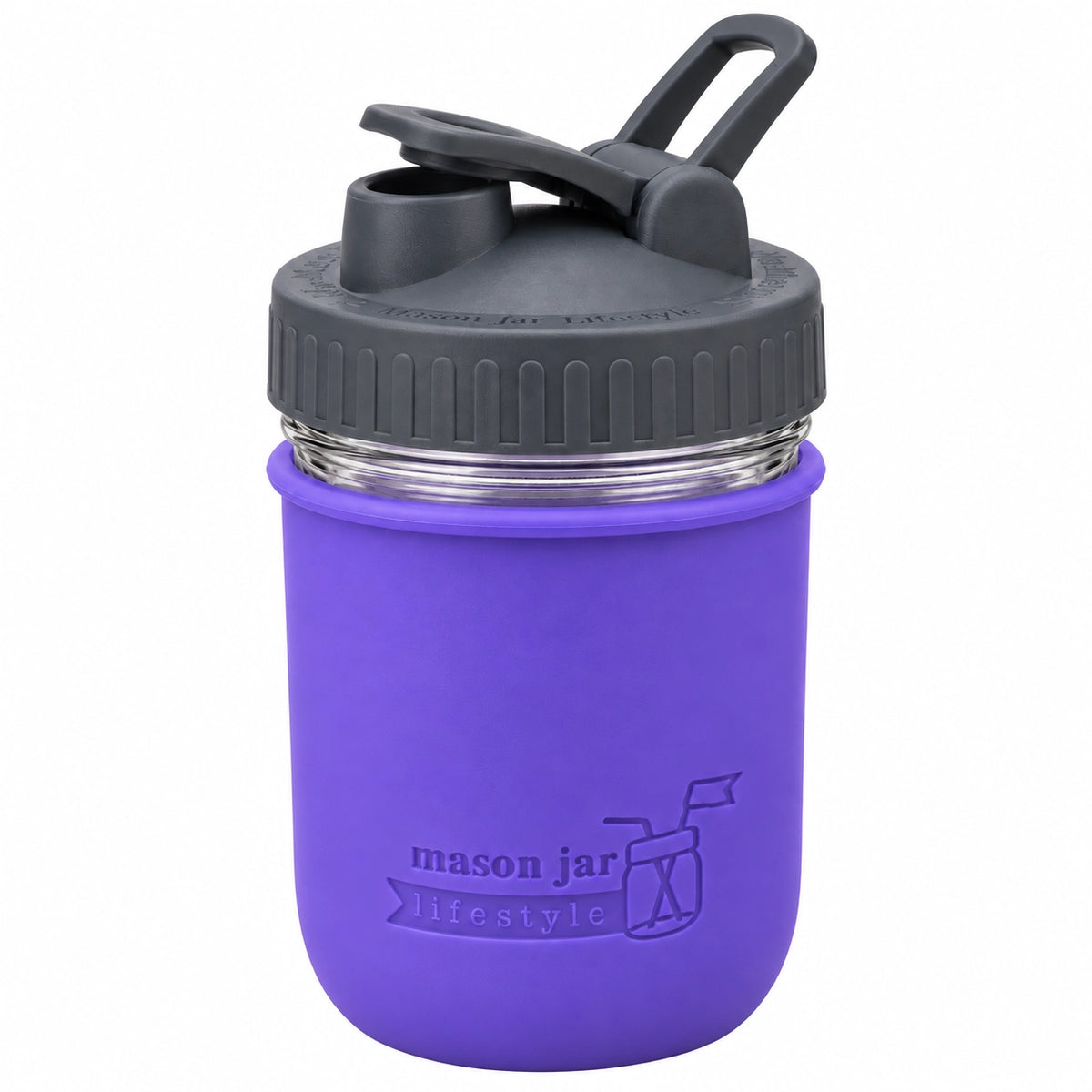 16oz Ball wide mouth mason jar sports bottle with Ultra Violet silicone sleeve and Charcoal Gray carry loop lid