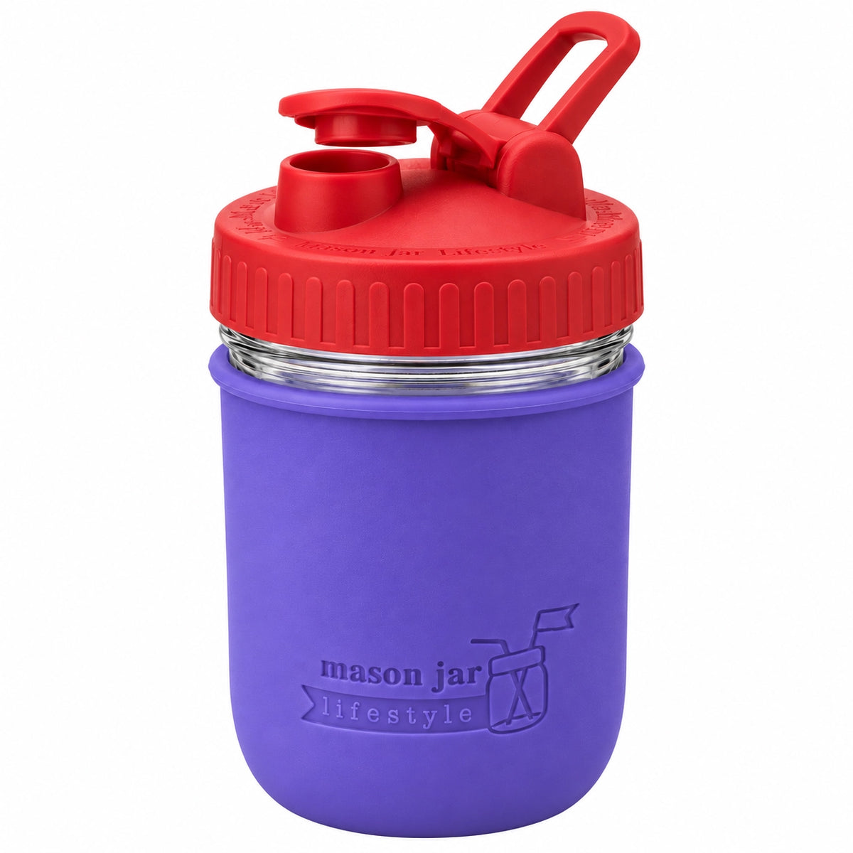 16oz Ball wide mouth mason jar sports bottle with Ultra Violet silicone sleeve and Cherry Red carry loop lid
