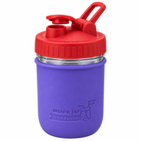 16oz Ball wide mouth mason jar sports bottle with Ultra Violet silicone sleeve and Cherry Red carry loop lid