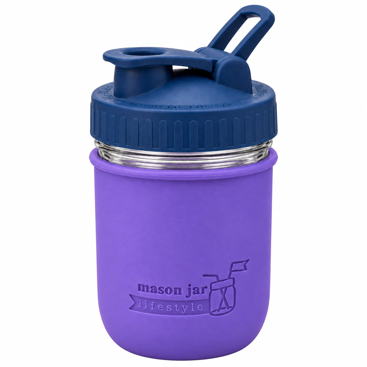 16oz Ball wide mouth mason jar sports bottle with Ultra Violet silicone sleeve and Deep Blue carry loop lid