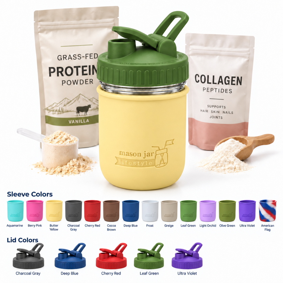 Mason Jar Lifestyle 16oz glass protein shaker bottle with Butter Yellow silicone sleeve and Leaf Green carry-loop lid, protein and collagen powders, and 14 sleeve and 5 lid color options.