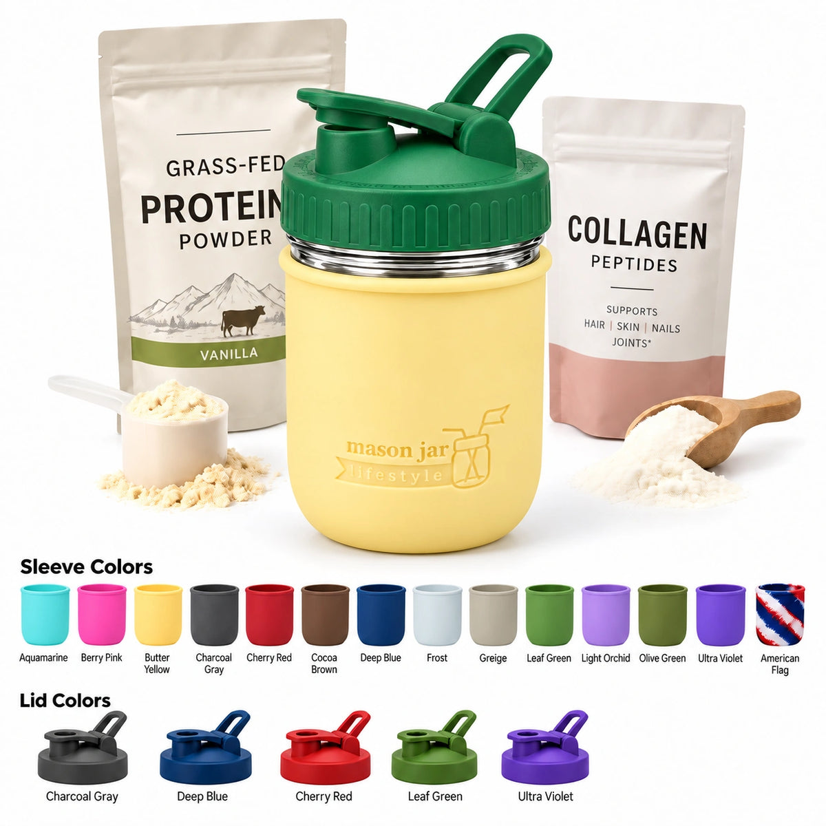 Mason Jar Lifestyle 16oz glass protein shaker bottle with Butter Yellow silicone sleeve and Leaf Green carry-loop lid, beside protein and collagen powder with sleeve and lid color options.