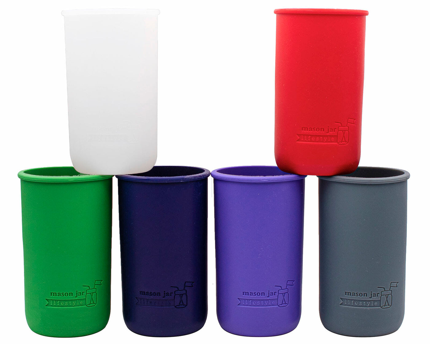 Silicone Sleeves for Wide Mouth 24oz Mason Jars in Frost Cherry Red Leaf Green Midnight Blue Ultra Violet and Charcoal Gray