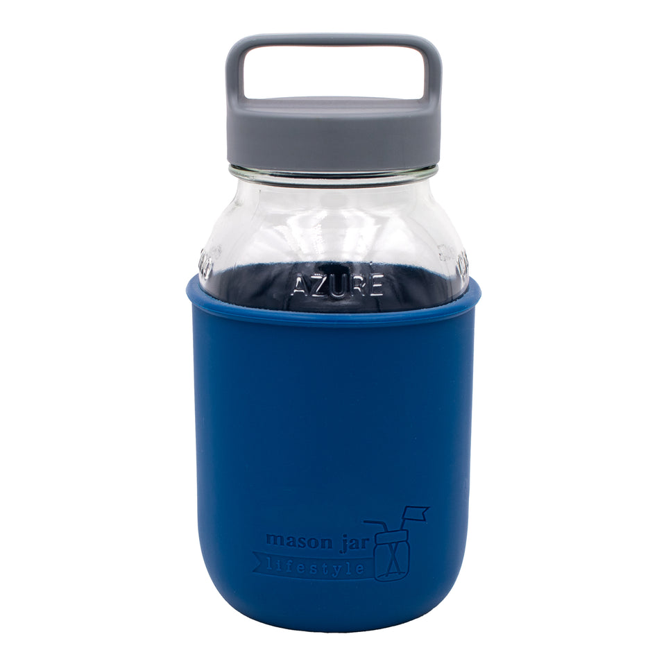 32oz quart glass water bottle deep blue azure jar gray canister lid product on white
