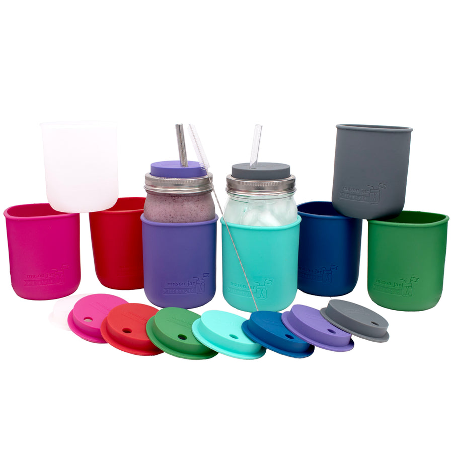Mason Jar Lifestyle Smoothie Quart Water Bottle with Silicone Sleeve & Straw Hole Lid
