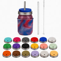 32oz smoothie Mason jar with American Flag silicone sleeve, coordinating Deep Blue straw-hole lid, stainless and glass straws, cleaner, and all 18 lid colors