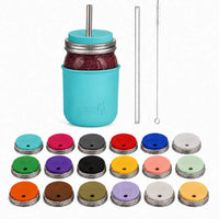 32oz smoothie Mason jar with Aquamarine silicone sleeve, matching straw-hole lid, stainless and glass straws, cleaner, and all 18 lid colors