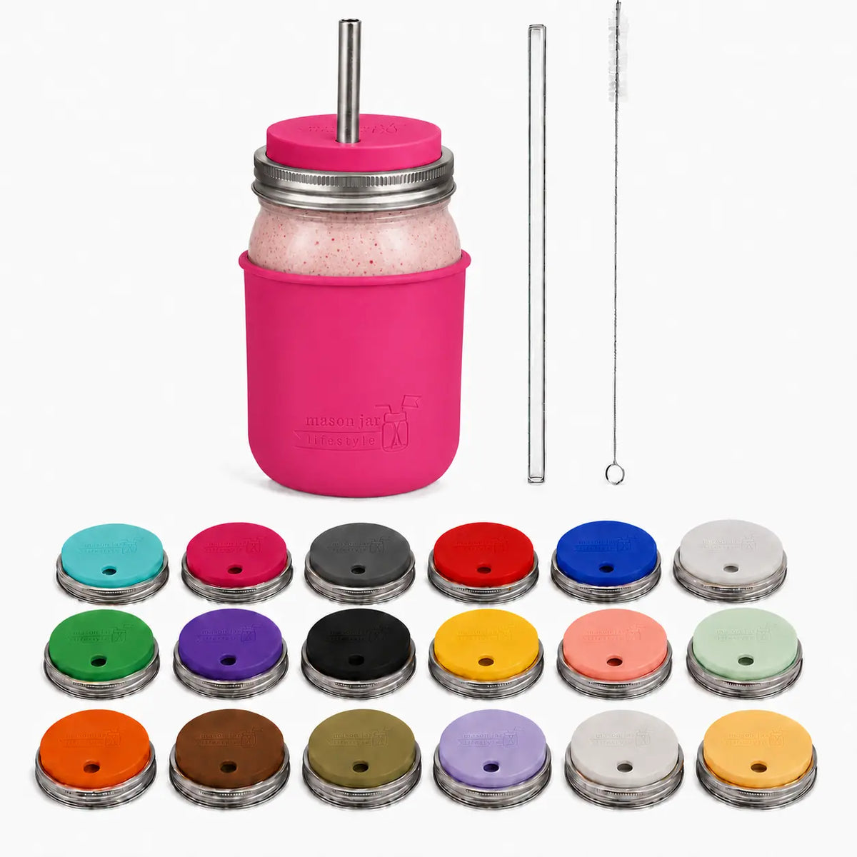 32oz smoothie Mason jar with Berry Pink silicone sleeve, matching straw-hole lid, stainless and glass straws, cleaner, and all 18 lid colors