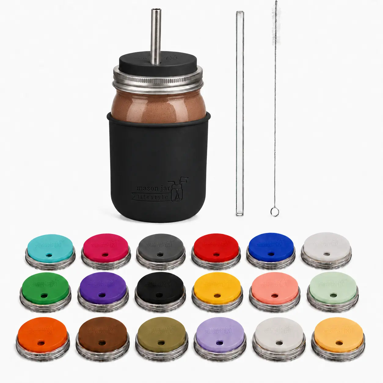 32oz smoothie Mason jar with Black silicone sleeve, matching straw-hole lid, stainless and glass straws, cleaner, and all 18 lid colors