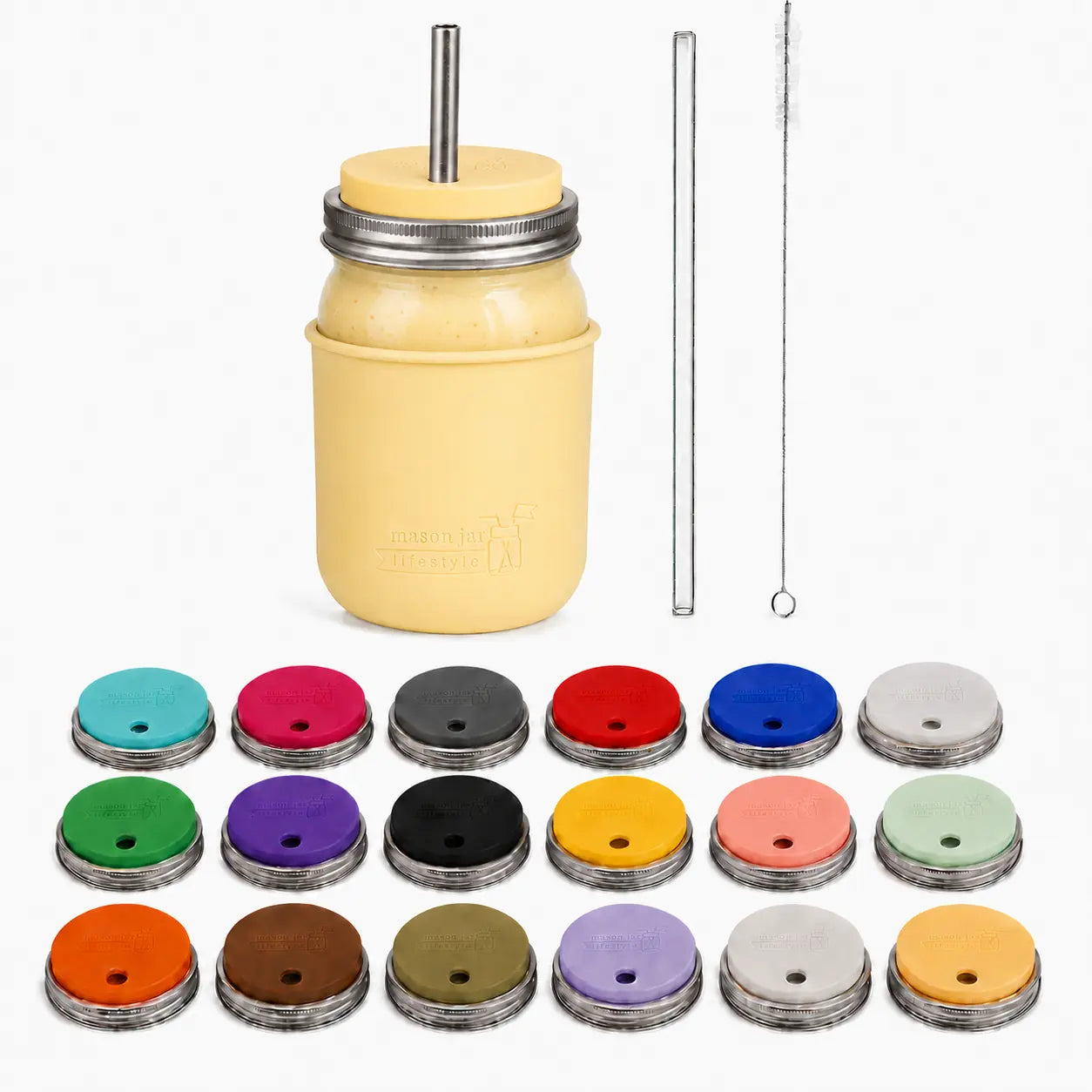 32oz smoothie Mason jar with Butter Yellow silicone sleeve, matching straw-hole lid, stainless and glass straws, cleaner, and all 18 lid colors
