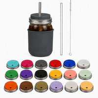 32oz smoothie Mason jar with Charcoal Gray silicone sleeve, matching straw-hole lid, stainless and glass straws, cleaner, and all 18 lid colors